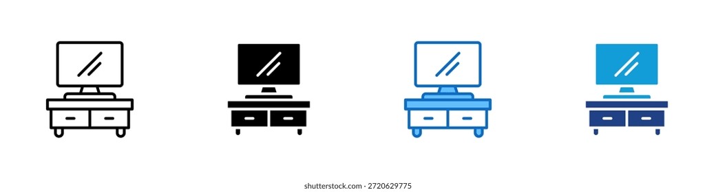 Soporte de TV Vector de diseño de íconos de estilo múltiple - Televisor colocado en una mesa de medios para entretenimiento en el hogar