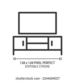 TV stand pixel perfect linear icon. Entertainment center. Watching movies. Television. Contemporary home furniture. Thin line illustration. Contour symbol. Vector outline drawing. Editable stroke