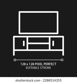 TV stand pixel perfect white linear icon for dark theme. Entertainment center. Watching movies. Television. Home furniture. Thin line illustration. Isolated symbol for night mode. Editable stroke