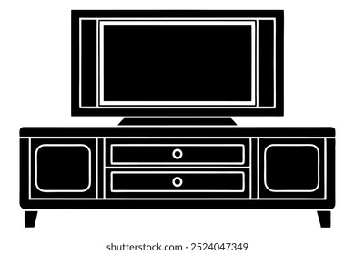 Una ilustración del icono del Vector de la silueta del soporte de la TV en el fondo blanco.