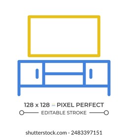 TV stand two color line icon. Living room organization. Entertainment unit. Furniture shopping bicolor outline symbol. Duotone linear pictogram. Isolated illustration. Editable stroke