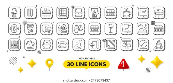 Tv stand, Voice assistant and Square meter line icons pack. 3d design elements. Stand lamp, Night mattress, Floor plan web icon. Furniture moving, Latex mattress, Triangle area pictogram. Vector
