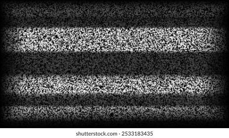 Fundo de ruído estático da TV. Tela de televisão de pixel com falha. Vídeo VHS de sinal de TV perdido ou ruim com papel de parede de listras pretas. Grão de ruído branco. Tela de TV CRT com interferências e falhas. Vetor