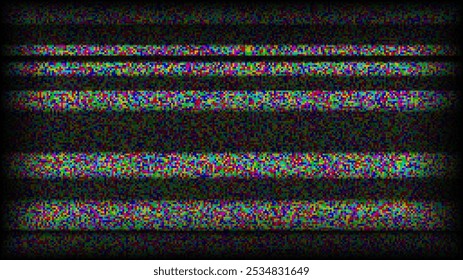 Fondo de ruido estático de TV. Glitch ha pixelado la pantalla de televisión. Video Señal de TV perdida o mala VHS con Fondo de pantalla de rayas negras. Grano de ruido blanco. Pantalla de televisión CRT con interferencias o fallos. Vector