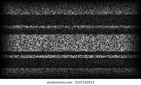 Fundo de ruído estático da TV. Tela de televisão pixelada com falha. Vídeo VHS de sinal de TV perdido ou ruim com papel de parede de listras pretas. Grão de ruído branco. Tela CRT com interferências e falhas. Vetor