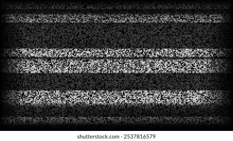 Fundo de ruído estático da TV. Tela de televisão pixelada com falha. Vídeo VHS de sinal de TV perdido ou ruim com papel de parede de listras pretas. Grão de ruído branco. Tela CRT com interferências ou falhas. Vetor