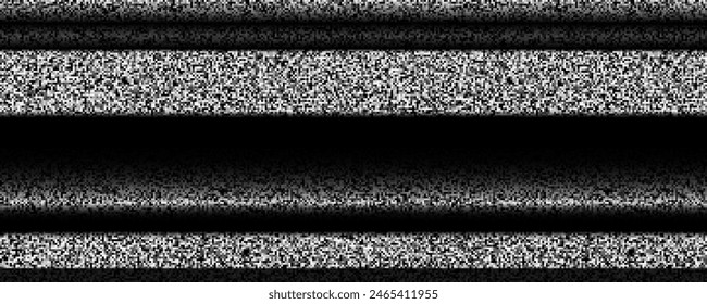 TV static noise background. Glitched pixelated screen texture. VHS video with black stripes, interferences and glitches. White noise signal grain for poster, banner. Television screen. Vector