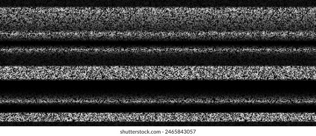 TV static noise background. Glitched pixelated screen texture. VHS video with black stripes, interferences or glitches. White noise signal grain for poster, banner. Television screen backdrop. Vector
