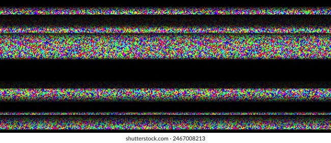 TV static noise background. Glitched white noise texture. VHS video signal with black stripes, interferences or glitches. Pixelated screen grain for poster, banner. Television screen backdrop. Vector