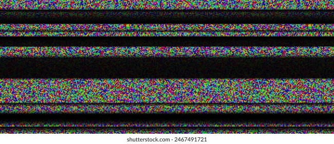 TV static noise background. Glitched white noise texture. Colored VHS video signal with black stripes, interferences or glitches. Pixelated television screen backdrop grain for poster, banner. Vector