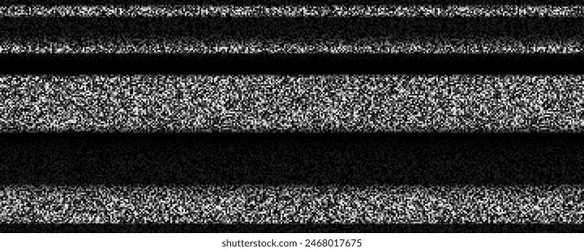 TV static noise background. Glitched white noise texture. VHS video signal with black stripes, interferences or glitches. Pixelated television screen backdrop grain for poster, banner. Vector