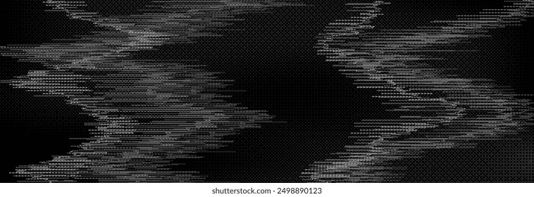 TV static noise texture. Distorted rippled VHS video screen overlay. Glitch pixelated random background. Grunge fuzzy television interference backdrop. Vector digital pixel video effect