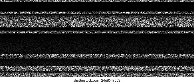 TV static noise texture. Glitched white noise background. VHS video signal with black stripes, interferences or glitches. Pixelated television screen backdrop grain for poster, banner. Vector