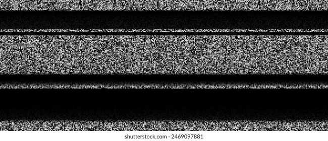 TV static noise texture. VHS video signal with black stripes, interferences or glitches. Glitched white noise background. Pixelated television screen backdrop grain for poster, banner. Vector