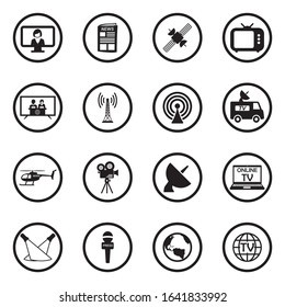 TV Station Icons. Black Flat Design In Circle. Vector Illustration.