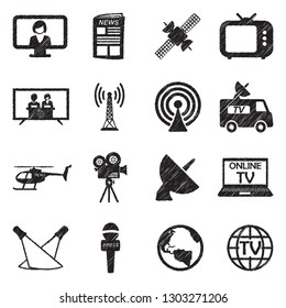 TV Station Icons. Black Scribble Design. Vector Illustration.