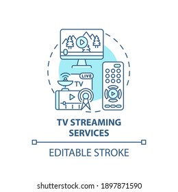 TV streaming services concept icon. New media idea thin line illustration. Digital television content distribution. Online video platform. Vector isolated outline RGB color drawing. Editable stroke