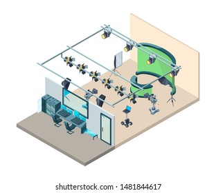 Tv Studio Interior. Television Production Room With Professional Equipment Video Cameras Flashes Softboxes Tripod Vector Isometric