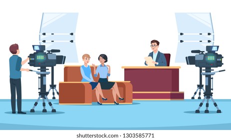 TV STUDIO INTERVIEW. Talk show in broadcasting studio on television. Talking people with microphone to camera. News crew vector image