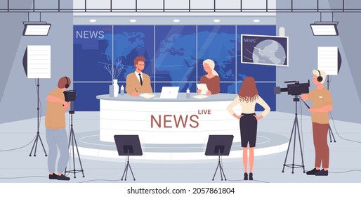 Tv Studio Live News, Broadcasting Show Interview Vector Illustration. Cartoon Backstage Television Production Scene With People Presenters At Desk On Platform Stage, Operator Cameraman With Camera