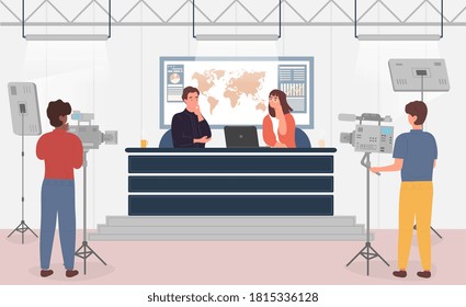 TV-Studio, Live-TV, Echtzeit-Broadcast-Konzept. Neuigkeiten Anker im Studio mit Kameraleuten präsentieren die neuesten in den globalen Nachrichten, farbige Vektorgrafik.