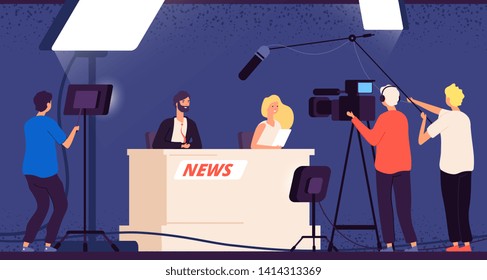 Tv Studio News. Journalists Stage Desk Tv Broadcasting Professional Crew Cameraman Television Interview Show Newscaster Vector Concept