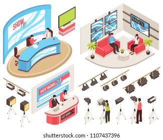 Tv studio of news and show programs, videographers with camcorders, light equipment, isometric set, isolated vector illustration