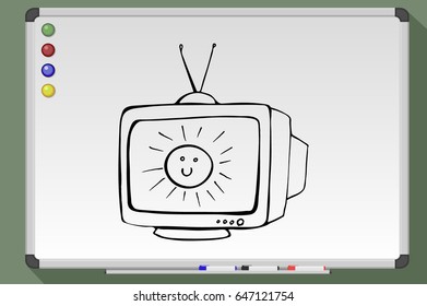 Tv with sun on screen. Hand drawn vector stock illustration. Black and white whiteboard drawing.