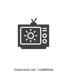 Tv with sun on screen vector icon. filled flat sign for mobile concept and web design. Weather TV channel simple solid icon. Symbol, logo illustration. Pixel perfect vector graphics