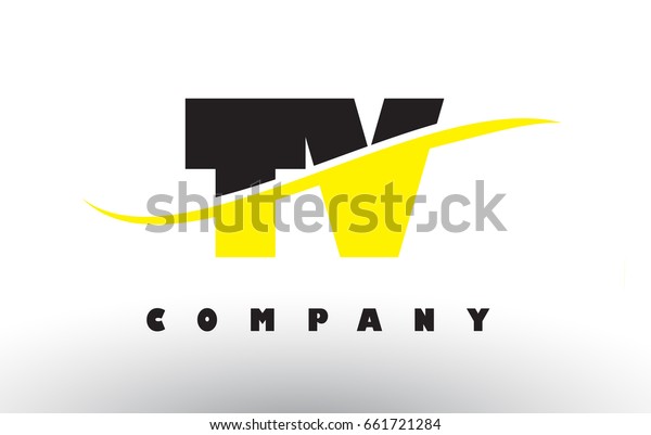 TV T V  Black and Yellow Letter Logo with White\
Swoosh and Curved Lines.