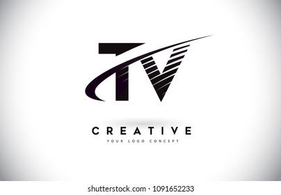TV T V Letter Logo Design with Swoosh and Black Lines. Modern Creative zebra lines Letters Vector Logo
