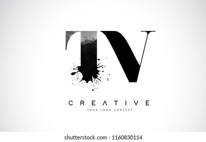 TV T V Letter Logo Design with Black Ink Watercolor Splash Spill Vector Illustration.