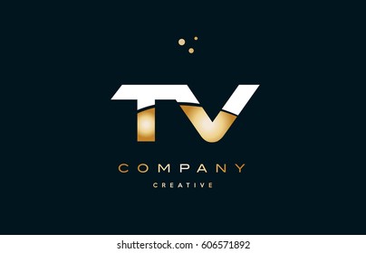 tv t v  white yellow gold golden metal metallic luxury alphabet company letter logo design vector icon template