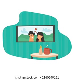 TV and table with candle, cup of tea or coffee. Concept of cozy room. Flat cartoon style vector illustration