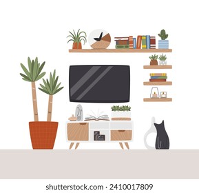 TV table decorated with sculptures and photos. Television hanging on wall. Wooden shelves full of plants and books. Entertaintment zone part. Living home interior hand drawn flat vector illustration