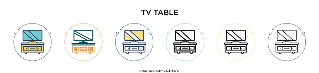 Tv table icon in filled, thin line, outline and stroke style. Vector illustration of two colored and black tv table vector icons designs can be used for mobile, ui, web