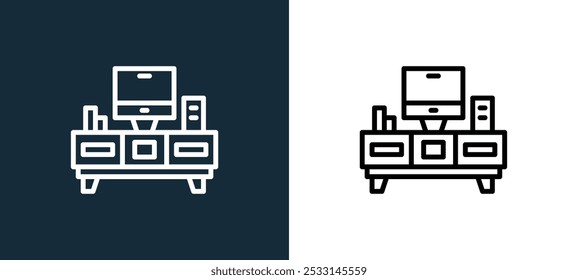 tv table icon isolated on white and black colors. tv table outline linear vector icon from property collection for mobile apps, web and ui.