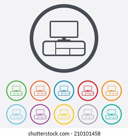 TV table sign icon. Modern furniture symbol. Round circle buttons with frame. Vector