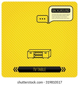 TV table stand icon. Television furniture sign. Chat speech bubbles. Orange line background. Vector