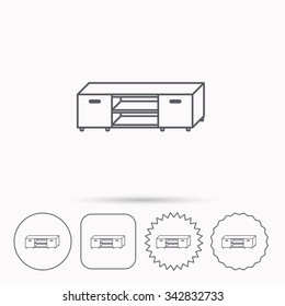 TV table stand icon. Television furniture sign. Linear circle, square and star buttons with icons.