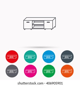 TV table stand icon. Television furniture sign. Linear icons in circles on white background.