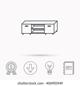 TV table stand icon. Television furniture sign. Download arrow, lamp, learn book and award medal icons.