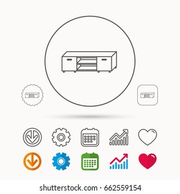 TV table stand icon. Television furniture sign. Calendar, Graph chart and Cogwheel signs. Download and Heart love linear web icons. Vector