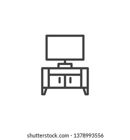 TV table stand line icon. linear style sign for mobile concept and web design. Television set with cupboard outline vector icon. Symbol, logo illustration. Pixel perfect vector graphics