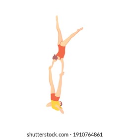 Tv talent show composition with team of two gymnasts with woman hands standing on mans legs vector illustration