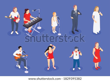 Tv talent show isometric icon set with isolated faceless human characters of musicians dancers and singers vector illustration