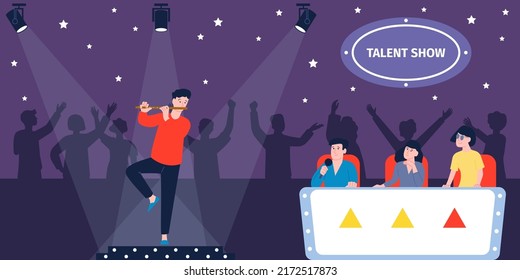 Tv talent show. Judges on contest television music, singing musical audition. Cartoon musician on stage, reality entertainment for crowd recent vector scene