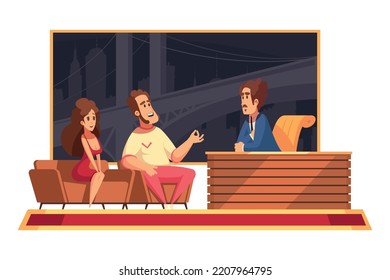 Tv talk show cartoon composition with male presenter and guests flat vector illustration