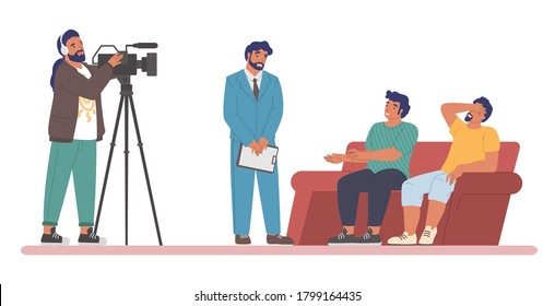 TV talk show. Male cartoon characters, host interviewing guests, two participants sitting on couch, cameraman shooting video, flat vector illustration. Live chat show program on television.