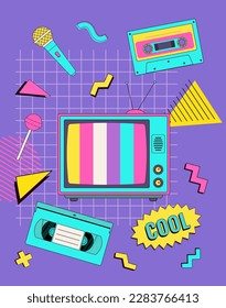 TV, tape, video cassette, microphone 90's elements poster with geometric elements. Vector illustration. Memphis style. Nostalgia for the 90s. Background, cover design, book design, and greeting card